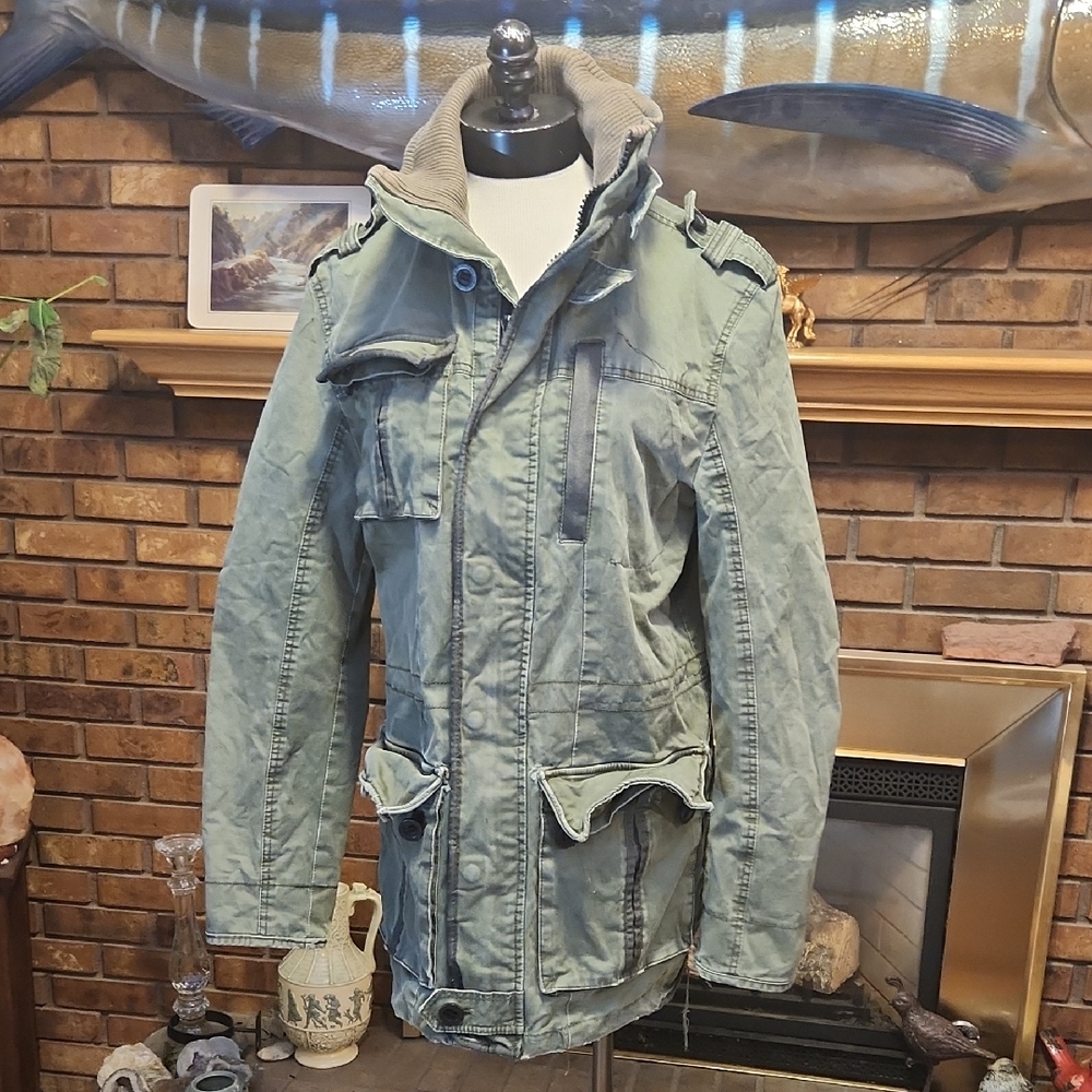 Men's Army Green Utility Style Heavy Duty Large Pockets Chore Military Jacket